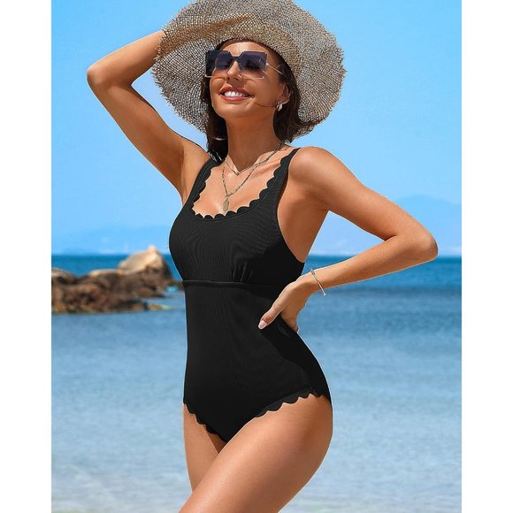 Women's Black Scalloped Ribbed One Piece Retro Square Neck Modest Swimsuits - Picture 6 of 9